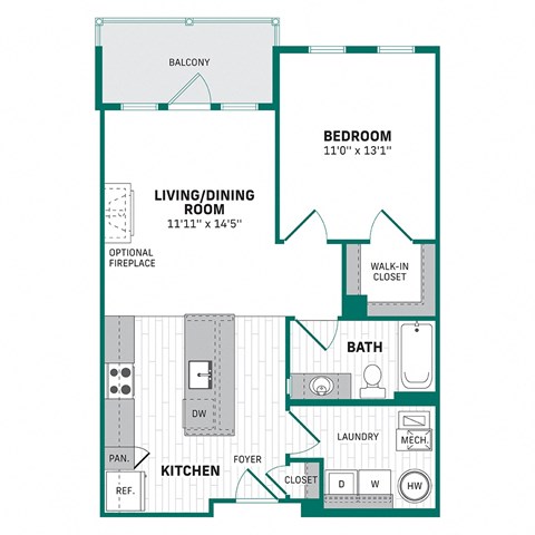 Floor plan for 1 bed, 1 bath, 813 sqft